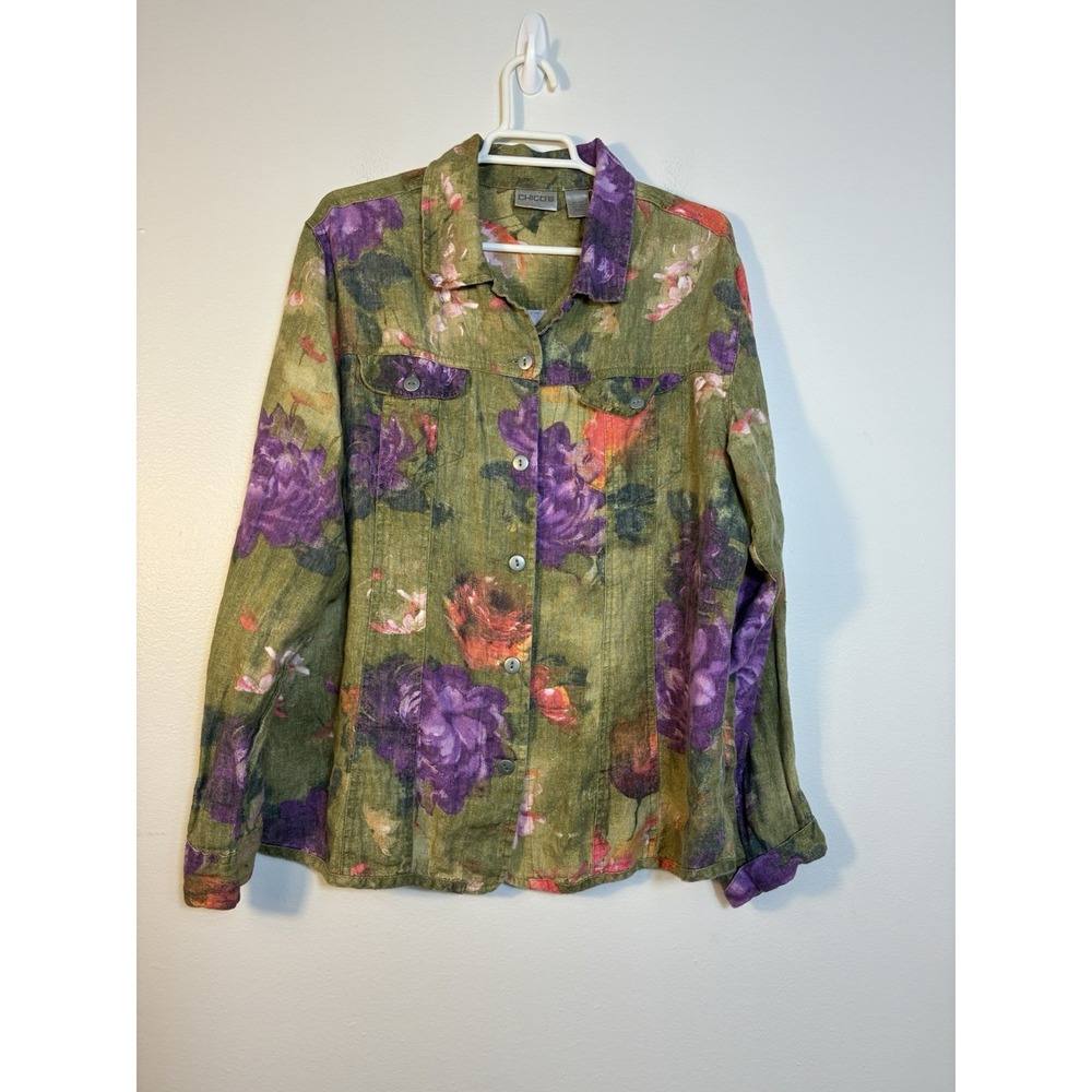 Chico's 100% Linen Floral Button‎ Up Jacket Sz Large Coastal Lagenlook Grandma